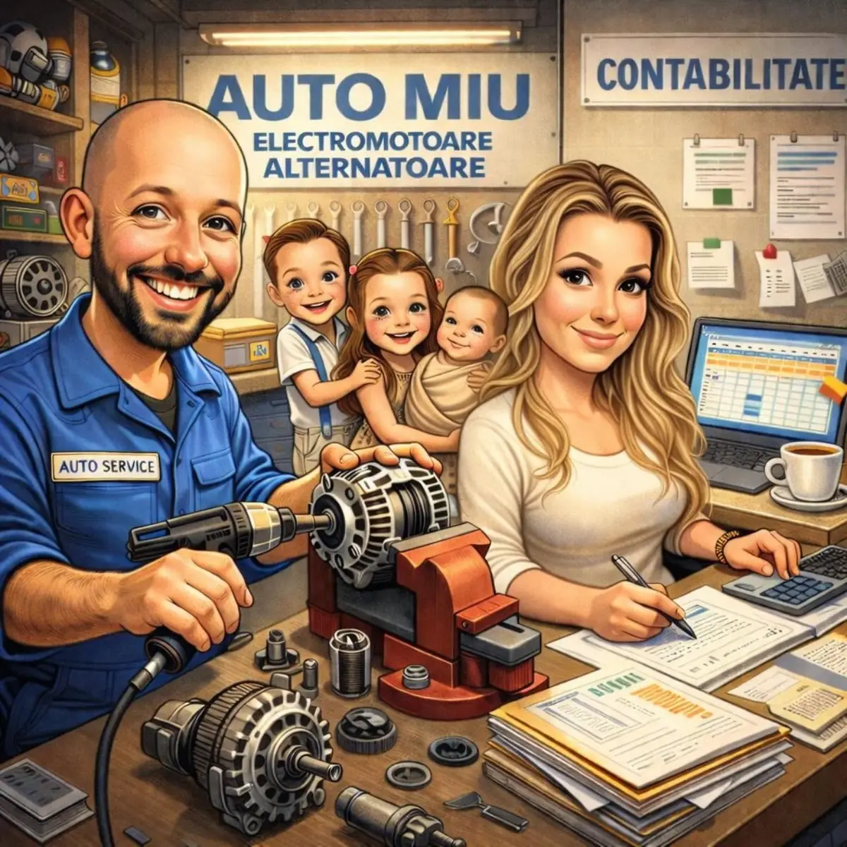 Familia Auto Miu, desenată: la bancul de lucru și la contabilitate