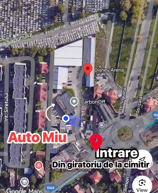 Hartă cu intrarea din giratoriu spre atelierul Auto Miu